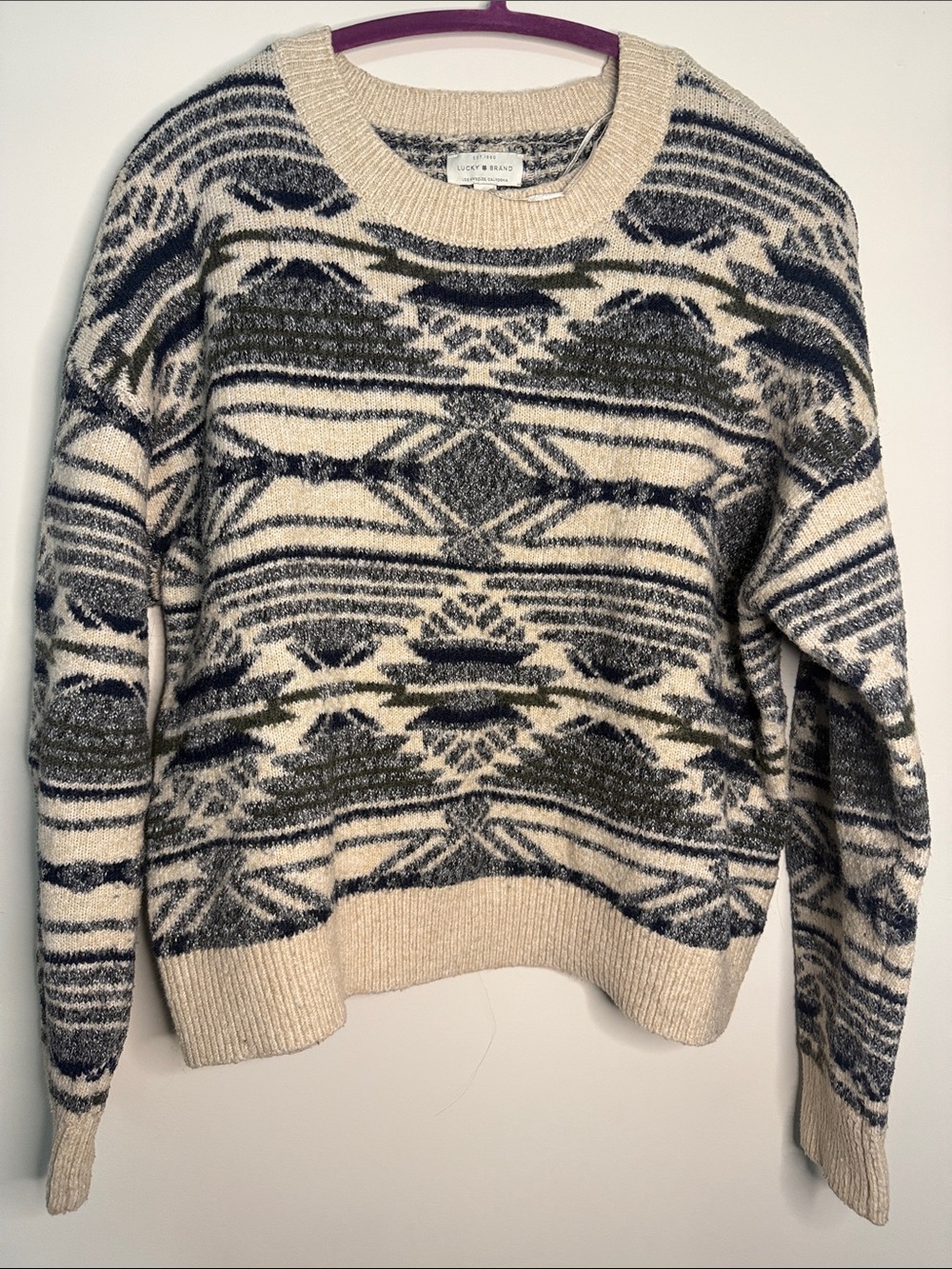 Lucky Brand Cream and Navy Patterned Crewneck Sweater